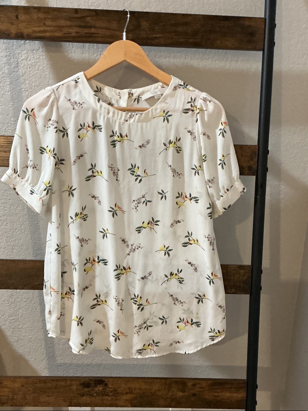 LOFT Cream Floral Short Sleeve Top with Yellow & Green Accents